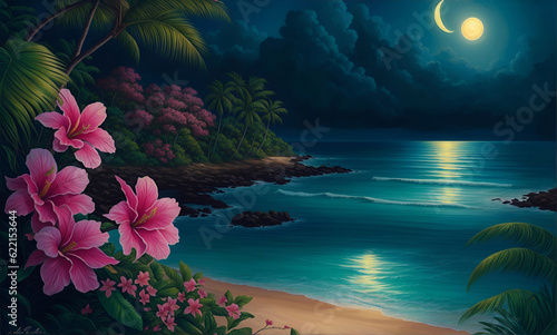 tropical paradise island and beach at night