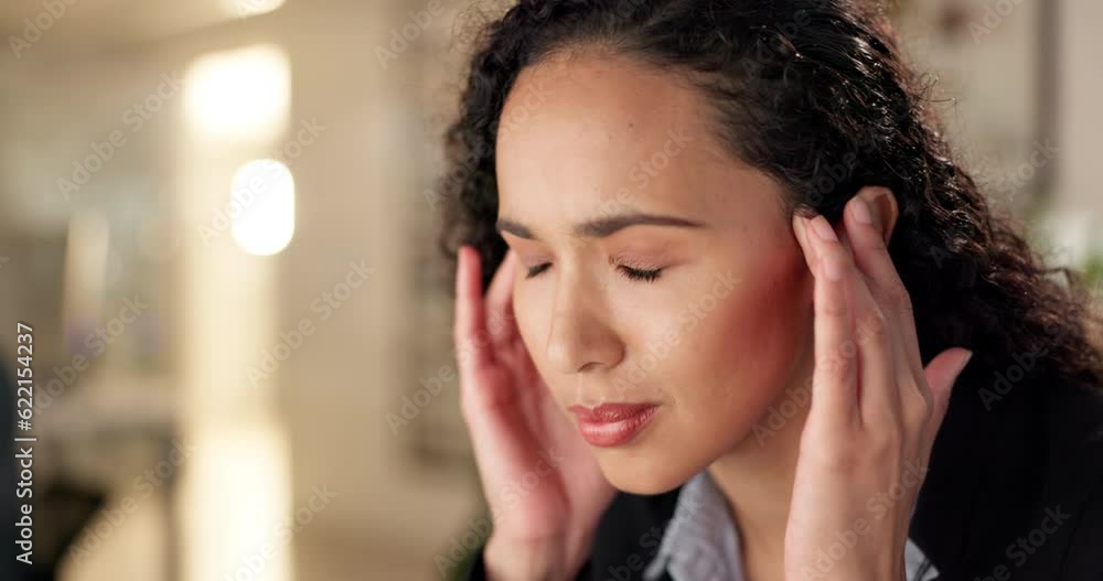 Night, headache and stress with business woman in office for anxiety, frustrated and tired. Mental health, burnout and fatigue with face of employee and massage for migraine, problem and crisis Night, headache and stress with business woman in office for anxiety, frustrated and tired. Mental health, burnout and fatigue with face of employee and massage for migraine, problem and crisis