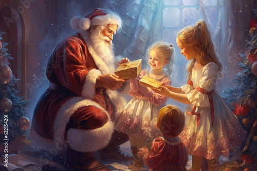 Santa Claus giving Christmas gift to children