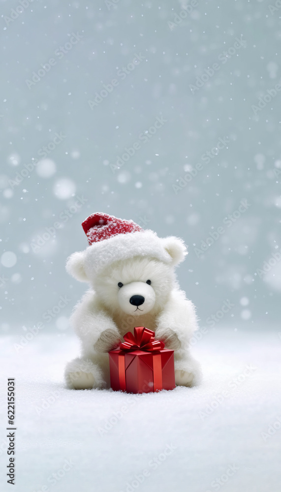 Cute little white bear with red gift box on snow. Christmas love concept. Copy space Cute little white bear with red gift box on snow. Christmas love concept. Copy space