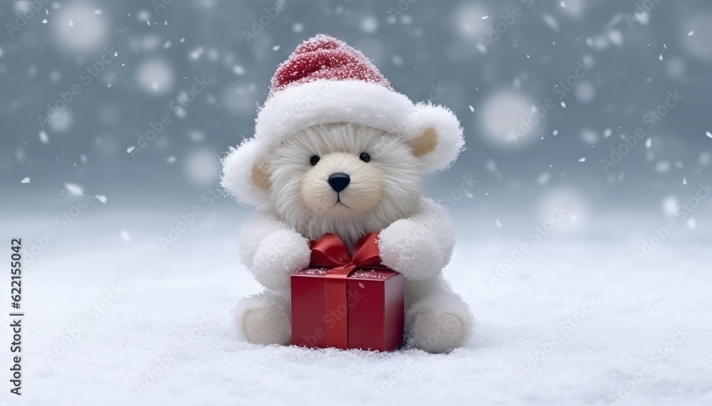 Cute little white bear with red gift box on snow. Christmas love concept. Copy space