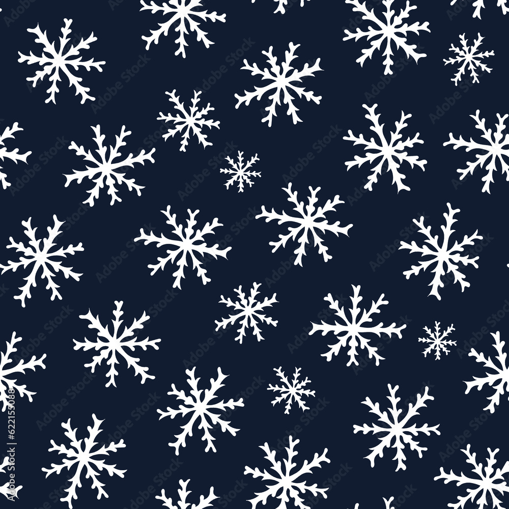 Seamless Pattern with White Snowflakes on Dark Blue Background. Abstract Hand-Drawn Doodle Snowflakes. Seamless Pattern with White Snowflakes on Dark Blue Background. Abstract Hand-Drawn Doodle Snowflakes.
