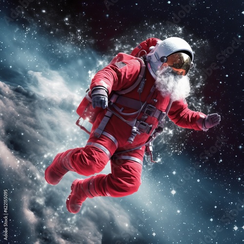 Santa Claus with astronaut cloth is flying in space. Christmas holiday futuristic concept