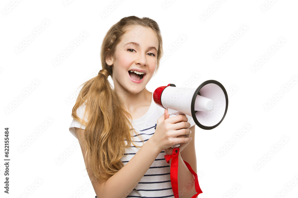 Beautiful teenage girl with blond hair screaming into megaphone. Happy expression. Isolated on white background. Copy space. Beautiful teenage girl with blond hair screaming into megaphone. Happy expression. Isolated on white background. Copy space.