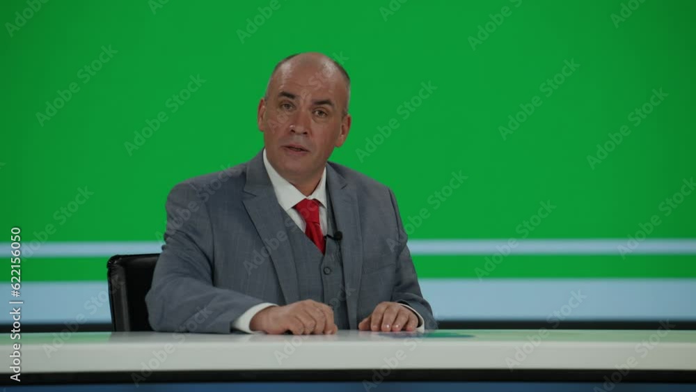 GREEN SCREEN CHROMA KEY Comical funny Caucasian male anchorman reporting on a story in live news studio. Television newsroom channel with professional anchor presenter GREEN SCREEN CHROMA KEY Comical funny Caucasian male anchorman reporting on a story in live news studio. Television newsroom channel with professional anchor presenter
