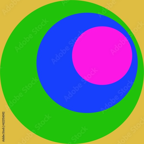 Multi-colored circles are mixed into square, pink, blue, green and yellow.