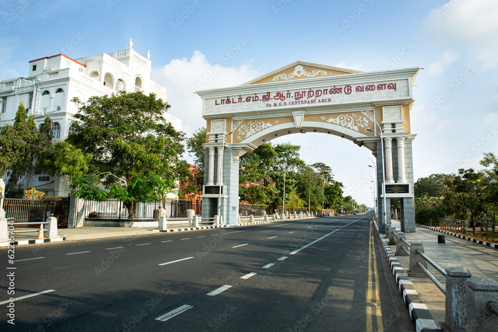 Chennai, Tamil Nadu, India - JUNE 11,06,2023, DR MGR Centenary Arch Marina Beach Road, Chennai, Tamil Nadu, India.