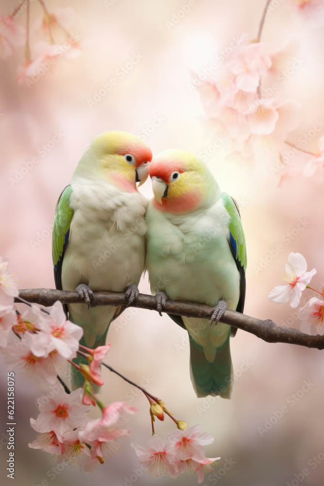Fototapeta premium Couple of Beautiful Parrot on the on the Branch of a Blooming Tree