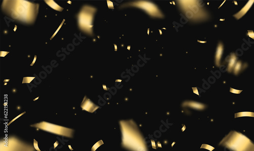 Glitter gold confetti and serpentine on black background. Sparkling confetti particles. Festive premium for holiday, celebration, New year, promotions, events, party, birthday, valentines day. Vector.