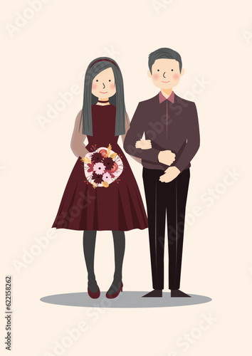 Cute couple portrait illustration with red gothic formal dress attire