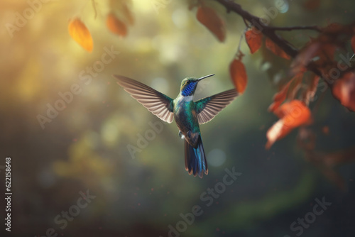 Hummingbird perching on a branch in the heart of a lush jungle, surrounded by flora and fauna in Monteverde. AI Generative. © sorapop