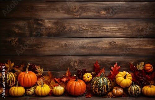 wooden background with pumpkins and autmn leaves