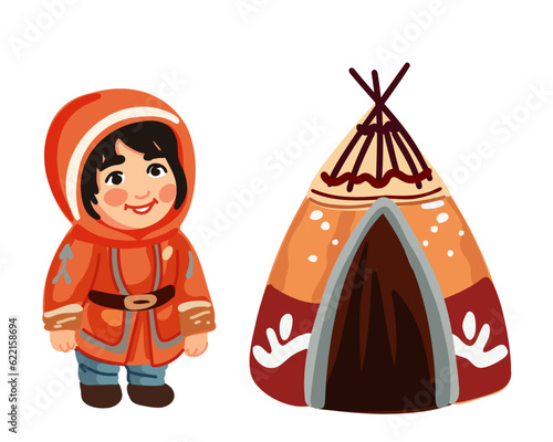 child of the peoples of the North near the yurt in the tundra, vector illustration