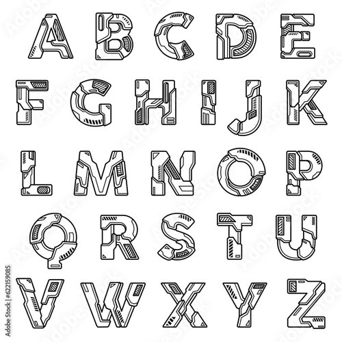 Alphabet font abc robot machine mechanical style typeface cyborg uppercase lettering