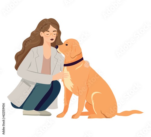 Smiling women sitting with cute puppy friend