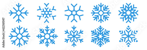 Set blue snowflake icons collection isolated on white background.	