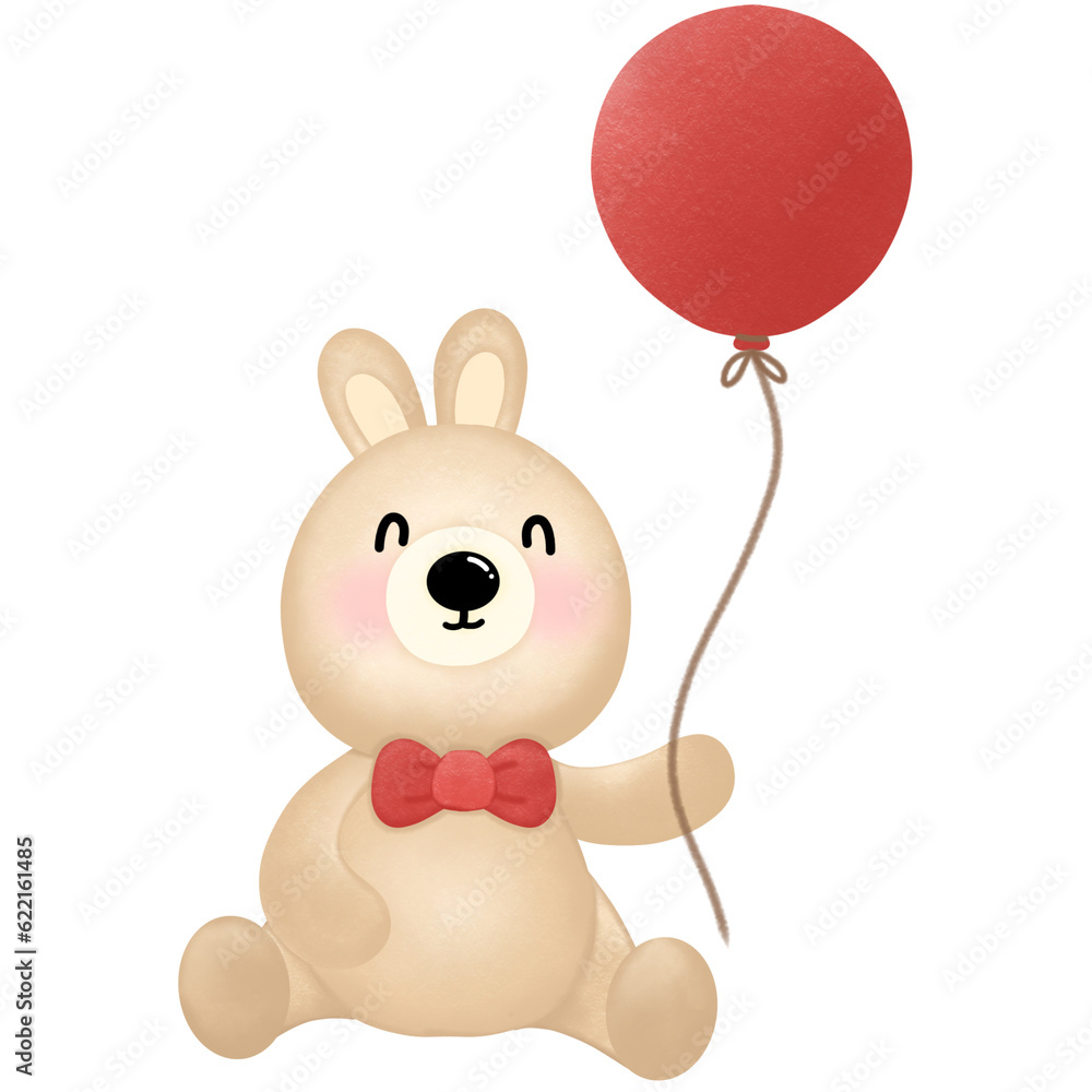 Little brown rabbit holding a red balloon in a sitting position.