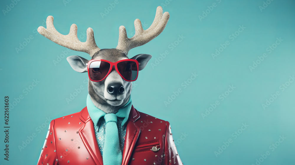 Christmas reindeer dressed in a red leather suit with glasses against a blue background. Futuristic New year fashion concept Christmas reindeer dressed in a red leather suit with glasses against a blue background. Futuristic New year fashion concept