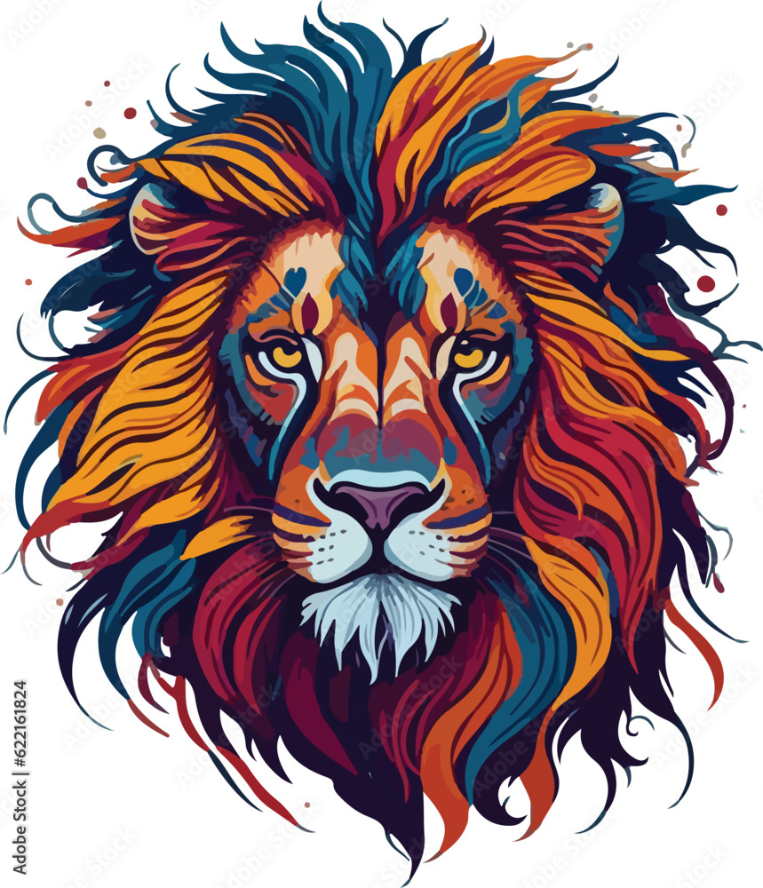 Colorful lion face drawing vibrant vivid colored t-shirt design vector illustrations. Splatter-spotted mighty lion roar