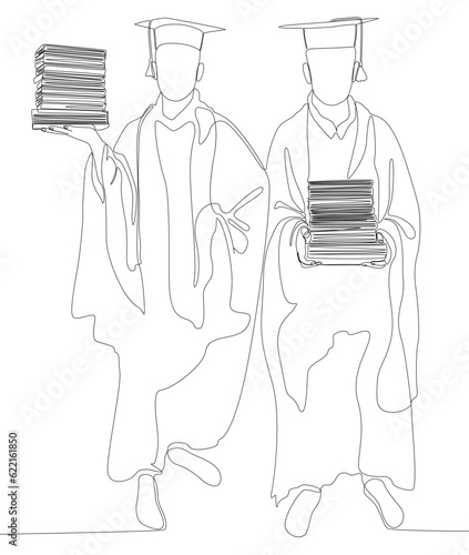 One continuous line of two university student graduation celebration with books. Thin Line Illustration vector concept. Contour Drawing Creative ideas.