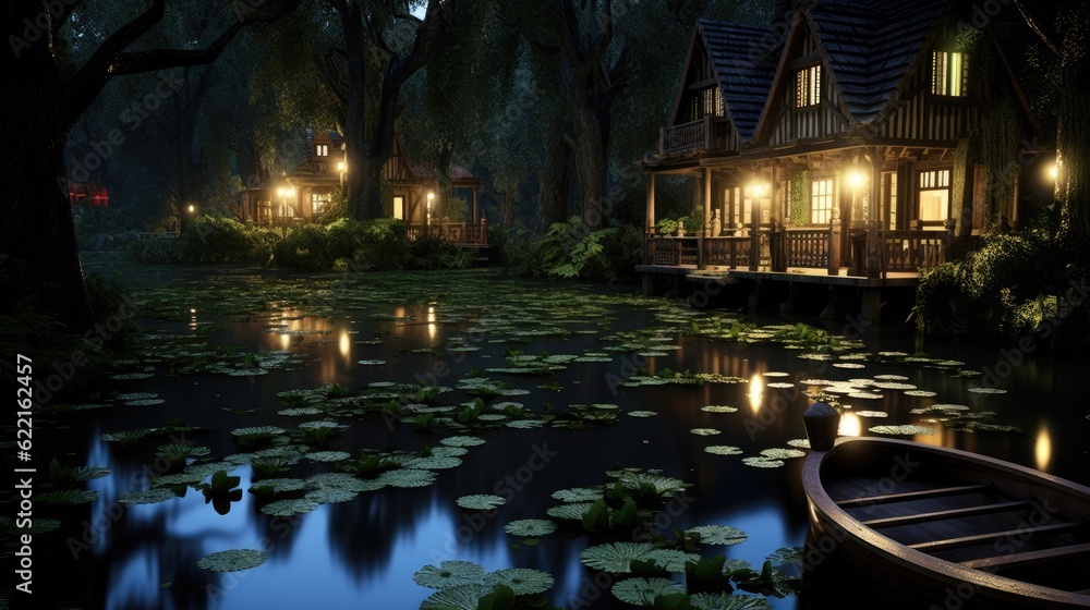 Magical fantasy landscape with glowing river and lights. Lily pads and rowboat at night in Asia.