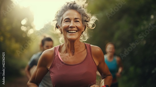 woman jogging in park. old woman and friends Forest, running wellness, outdoor challenge or hiking in nature. Runner, athlete or Latin sports person 