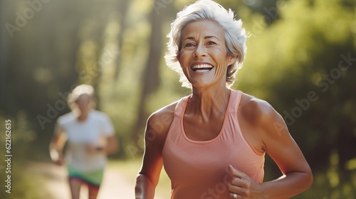 woman jogging in park. old woman and friends Forest, running wellness, outdoor challenge or hiking in nature. Runner, athlete or Latin sports person 