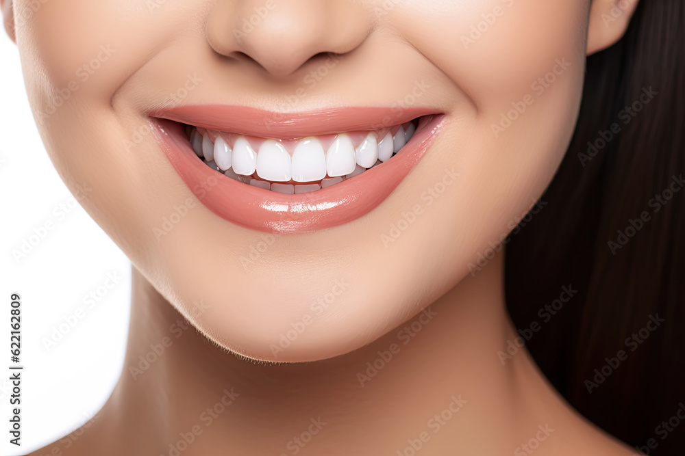 Fototapeta premium Dental Care and Teeth Whitening,, Young Woman's Beautiful Smile and Healthy Teeth