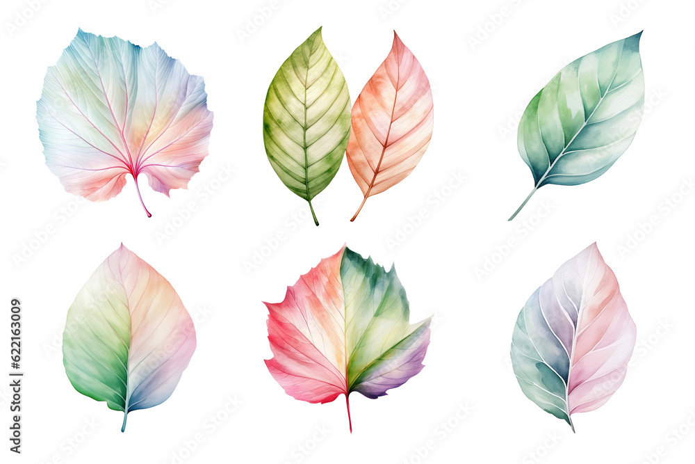 Obraz premium colorful watercolor pastel leaves elements collection isolated on transparent background