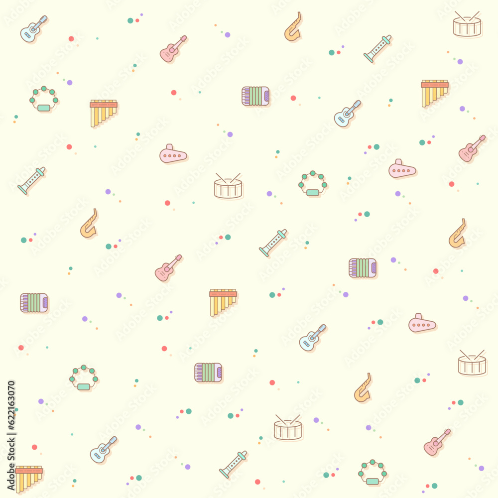 Vector illustration of a cute music instrument. Collection of sound, piano, guitar, accordion, oboe, saxophone, drum, marimba, xylophone and other elements. Isolated on beige. Vector illustration of a cute music instrument. Collection of sound, piano, guitar, accordion, oboe, saxophone, drum, marimba, xylophone and other elements. Isolated on beige.