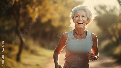 woman jogging in park. old woman and friends Forest, running wellness, outdoor challenge or hiking in nature. Runner, athlete or Latin sports person 
