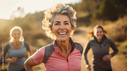 woman jogging in park. old woman and friends Forest, running  wellness, outdoor challenge or hiking in nature. Runner, athlete or Latin sports person