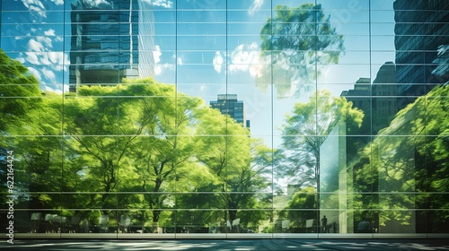 Exemplifying the ESG - Environmental, Social, Governance concept, a corporate glass building facade reflects green trees. Importance of integrating sustainability into business practice. Generative AI