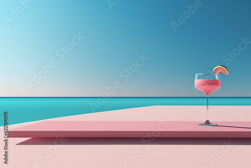 Fashion bar cocktail in glass near the pool. Blue, turquoise and pink colors. Place for text. AI generative. © Evgeniya Grande