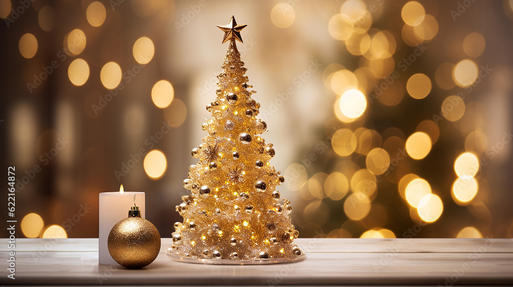 A beautifully decorated Christmas tree adorned with twinkling lights, surrounded by a golden bokeh. Generative AI
