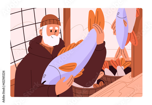 Fishmonger selling fish at local market counter. Man vendor at stall with seafood, fresh sea product. Old senior fisherman character with salmon at marketplace. Flat vector illustration