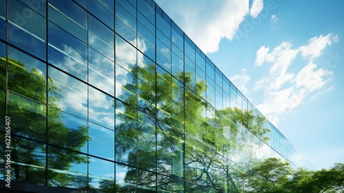Tela Exemplifying the ESG - Environmental, Social, Governance concept, a corporate glass building facade reflects green trees