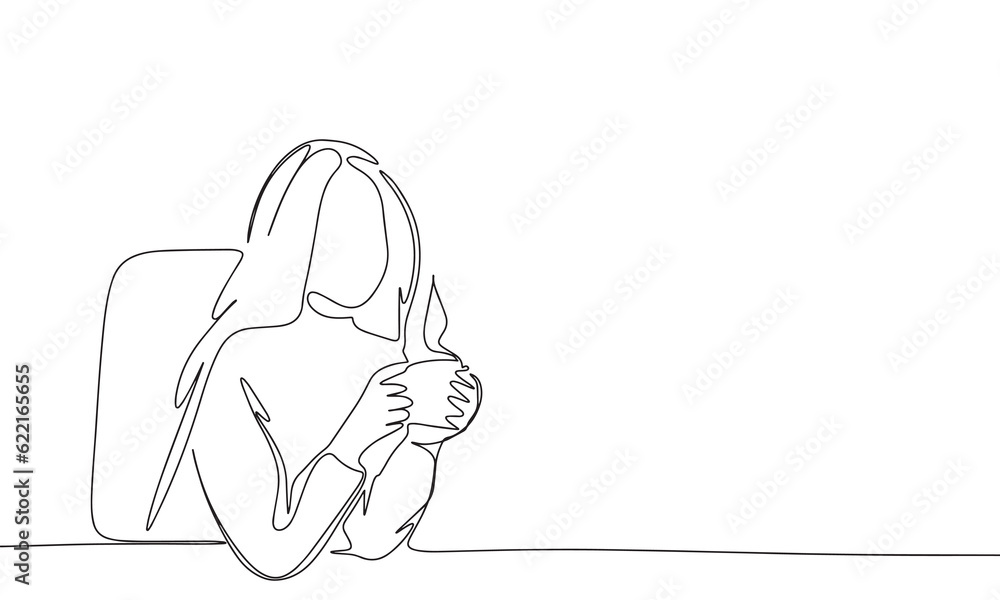 Woman with hot cup one line continuous. Cozy concept banner. Line art outline vector illustration isolated on white background.