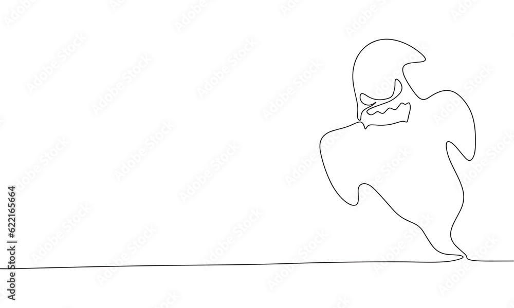 Scary ghost, one line continuous. Halloween concept banner. Line art outline vector illustration isolated on white background. Scary ghost, one line continuous. Halloween concept banner. Line art outline vector illustration isolated on white background.