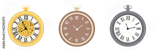 Set of vintage watches. Collection of pocket watches. Illustration isolated on white.