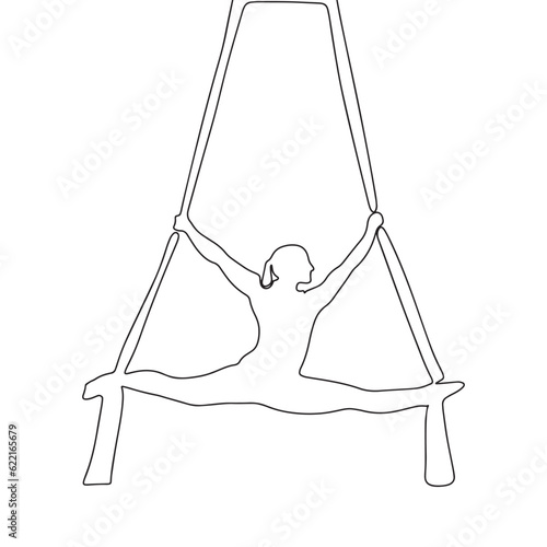 Aerial gymnast one line continuous. Sport concept banner. Line art outline vector illustration isolated on white background.
