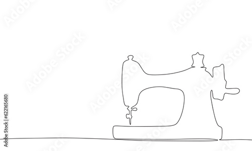 Sewing machine one line continuous. Clothing atelier concept banner. Line art outline vector illustration isolated on white background.
