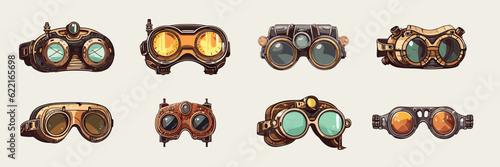 Steampunk goggles set vector illustrations. Steampunk glasses clipart, isolated. Steampunk eyeglasses