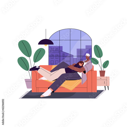 Love couple relaxing on couch at home. Happy man and woman family resting together, hugging, embracing on sofa in cozy apartment in evening. Flat vector illustration isolated on white background