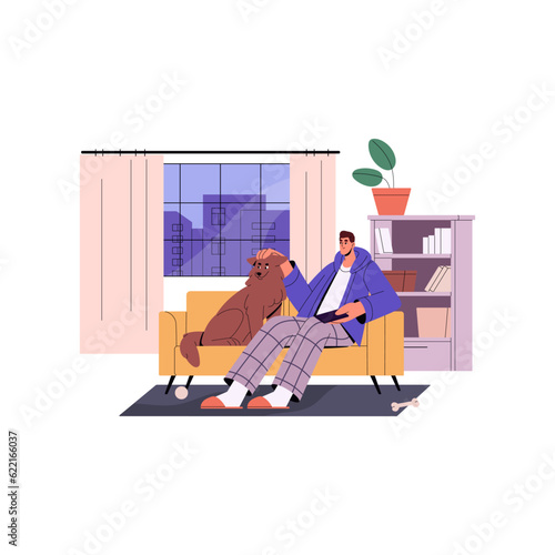 Man and dog relaxing at home, sitting on sofa, watching TV with remote control. Happy person and pet resting on couch on evening leisure. Flat vector illustration isolated on white background