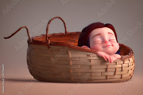 child with eyes closed in a basket.
Generative AI