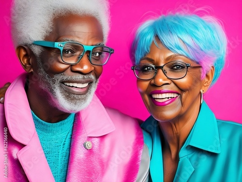 A cheerful elderly African-American man in glasses and a jacket with gray hair, standing next to a pink-haired woman with bright makeup, Generative AI, Generative, AI