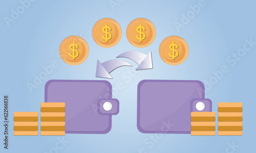 Wallet transaction. Sending and receiving money. Money transfer from and to wallet. Capital flow, making money.on blue background.Vector Design Illustration.