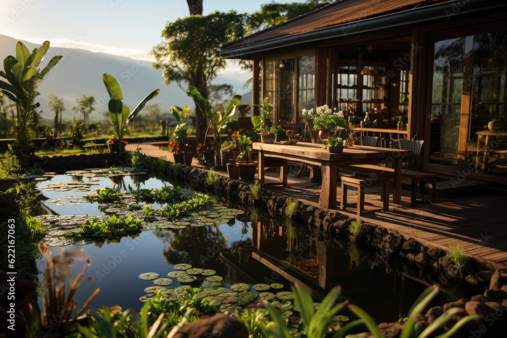 Small house, surrounded by the serenity of green rice fields, fish ponds, and vegetable gardens Small house, surrounded by the serenity of green rice fields, fish ponds, and vegetable gardens