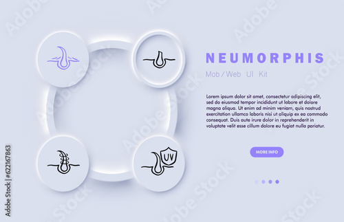 Hair care line icon. Shampoo, conditioner, scalp care, balm, moisturizing, split ends. Neomorphism steyle. Vector line icon for Business